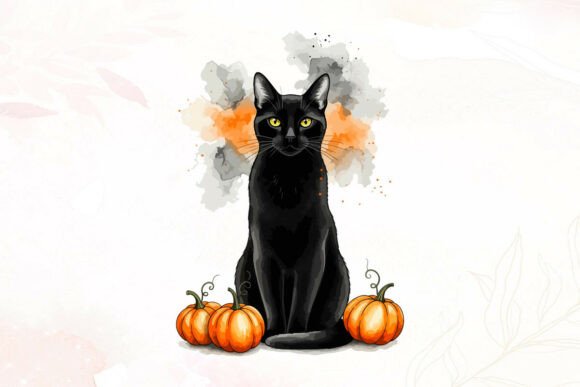 Black Cat and Pumpkins Watercolor Art