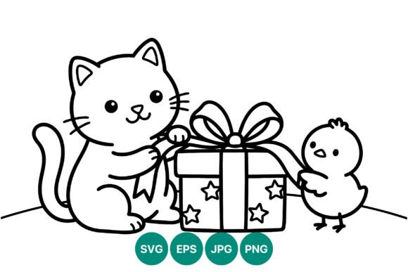 Cat and Chick Opening Gift