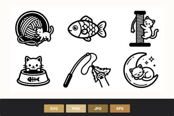 Cat Play and Rest Black White Icons