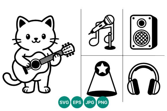 Cat Playing Guitar Music Icons Vector