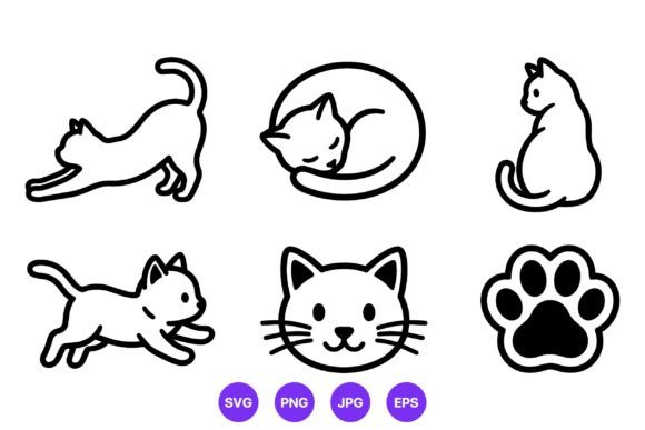 Cat Poses and Paw Icon Set Vector