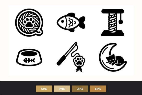Cat Toy Icons Black and White