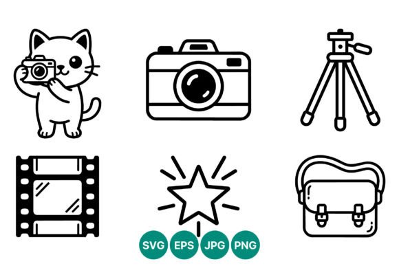 Cat with Camera Line Art Icons