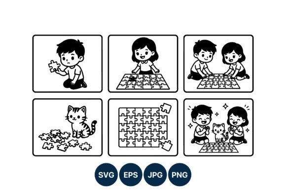 Children and Cat Solving Puzzle Black