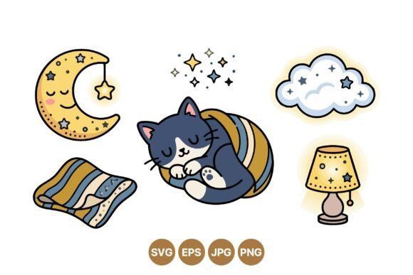 Cozy Nighttime Sleeping Cat Clipart