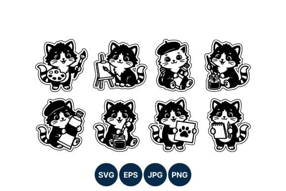 Cute Cat Art Supplies Line Art Vector