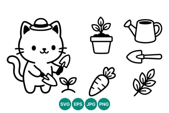 Cute Cat Gardening Shovel Vector Art