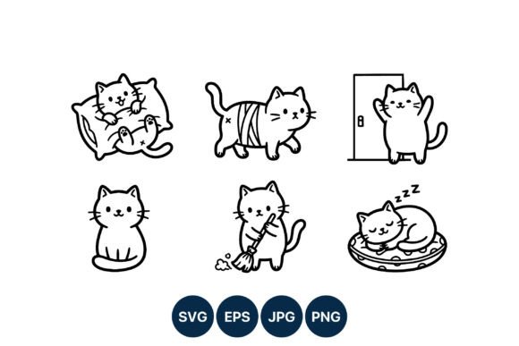 Cute Cat Line Art Poses Vector