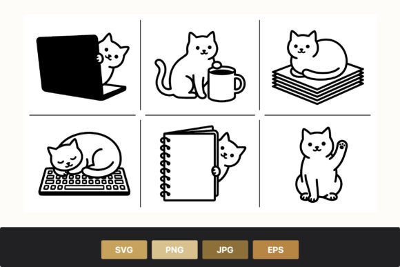 Cute Cat Line Art with Office Objects