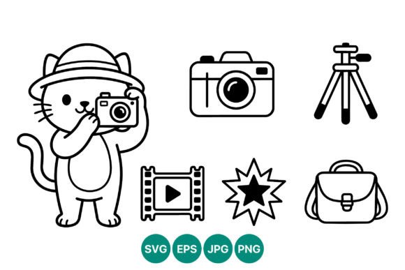 Cute Cat Photography Line Art Vector