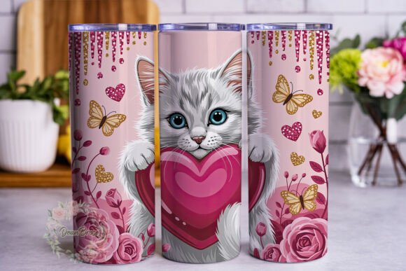 Cute Cat Pink Gold Hearts 20oz Tumbler