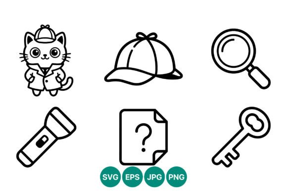 Cute Detective Cat and Icons Line Art