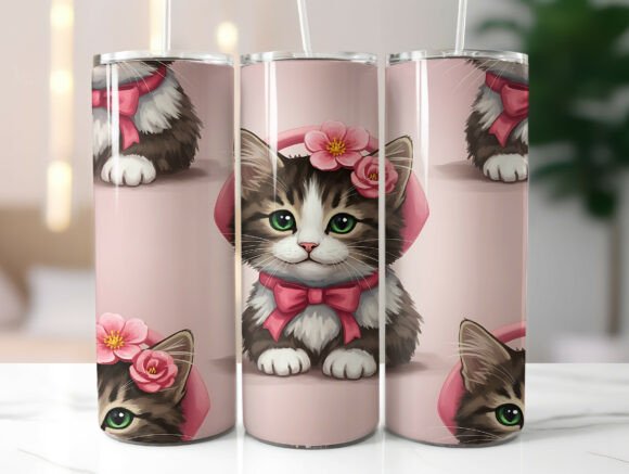 Cute Floral Cat 20 Oz Tumbler Wrap PNG