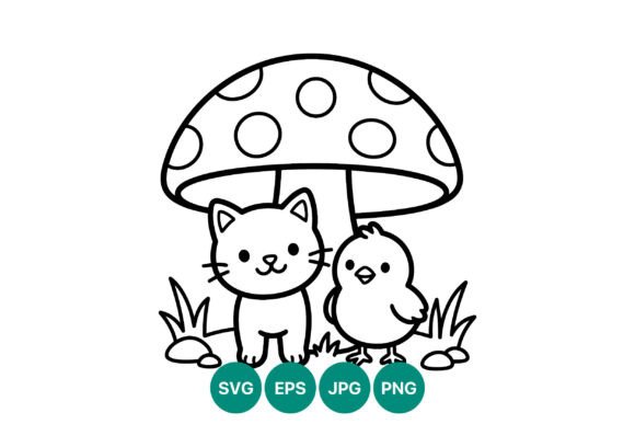 Cute Kitten and Chick Under Mushroom