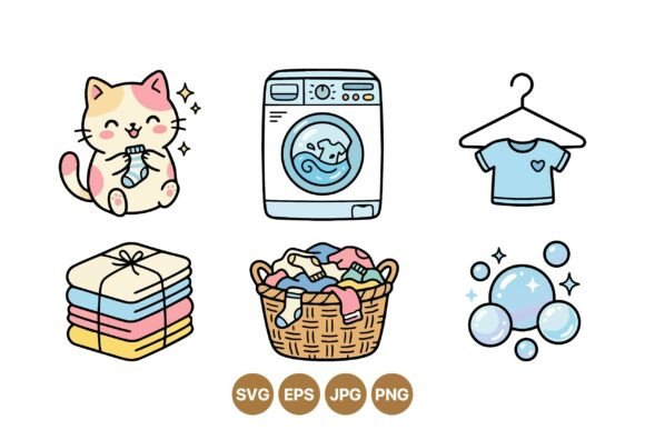 Cute Laundry Cat Clipart Set