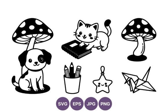 Cute Puppy Kitten Mushroom Line Art