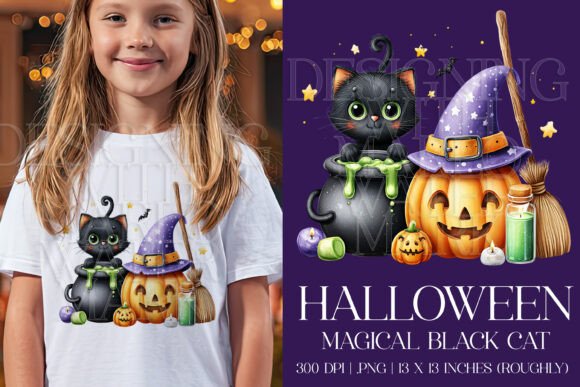 Halloween Magical Black Cat PNG C3