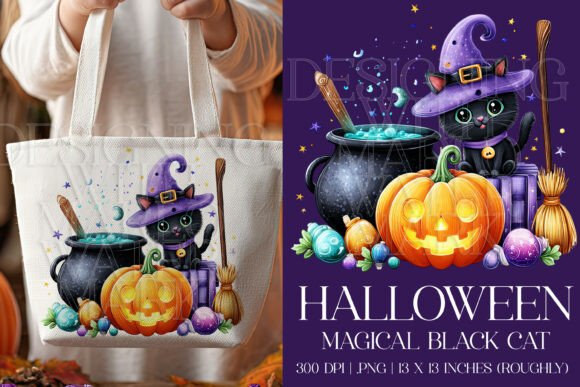Halloween Magical Black Cat PNG Graphic