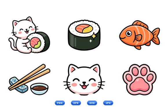 Kawaii Sushi Cat Clipart Pack