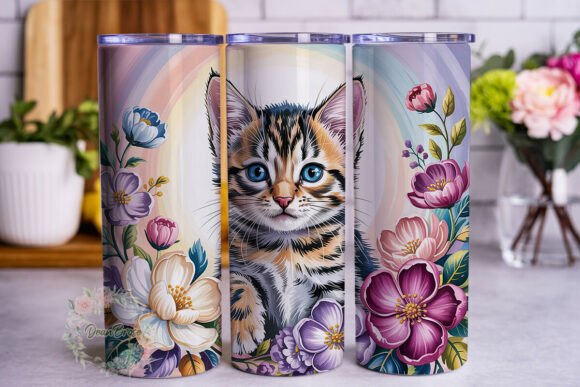 Kitten Floral Watercolor 20oz Tumbler