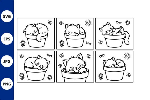 Panel Line Art of Sleeping Cat in a Bucket