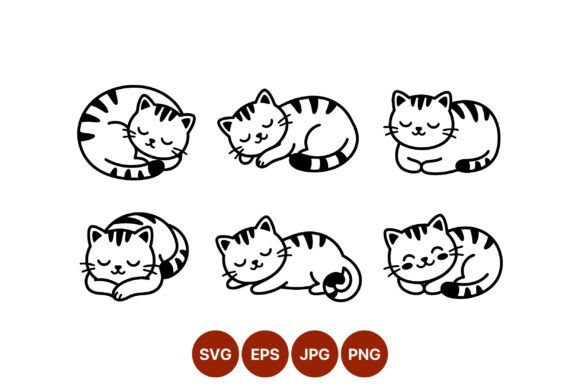 Sleeping Curled Cat Line Art Set