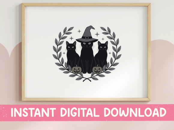 Three Black Cats Botanical Scene SVG