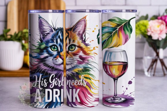 Vibrant Watercolor Cat Wine Tumbler